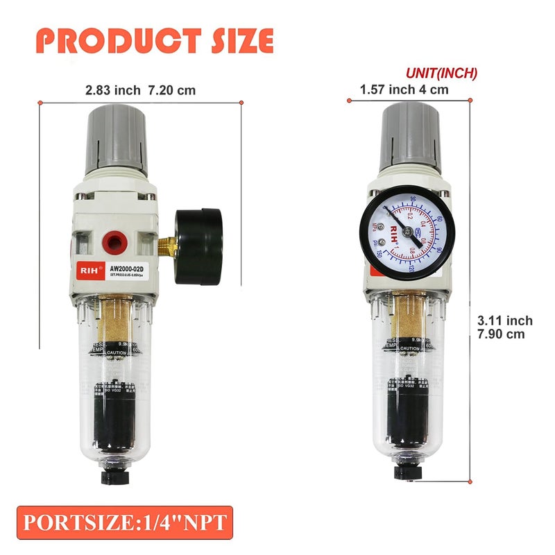 RH 1/4" NPT Auto Drain Compressed Air Filter Regulator Combo Piggyback, 5 Micron Brass Element, Poly Bowl, Metal Bracket, 0-150 psi Gauge Air Tool Compressor Filter with Gauge (1/4" NPT) - Image 2
